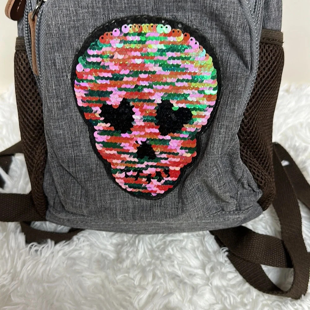Nwot Small Canvas Backpack With Sequined Skull - image 3